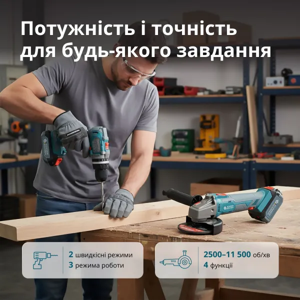 Набор инструментов 20В, дрель ударная, шлифмашина угловая Konner&Sohnen (KSIDAGB20VSET1) - Фото 2