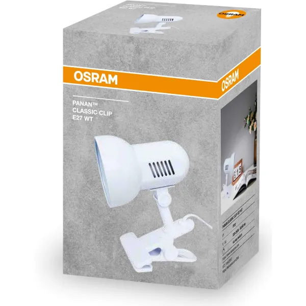 Лампа настольная E27, белая Classic Clip Panan Osram (4099854475931) - Фото 1