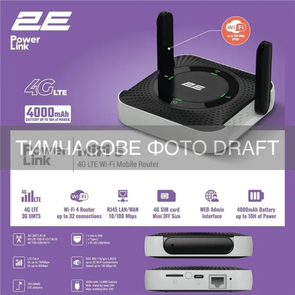 Мобильный маршрутизатор PowerLink (MiFi-5 2025) N150, LTE, Wi-Fi4, 1xFE LAN, 1xType-C, 4000мА•ч черный 2E (794300866700)