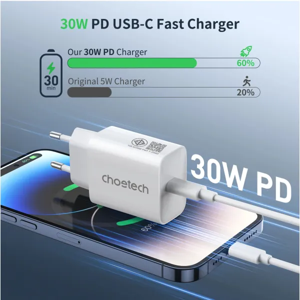 Устройство зарядное сетевое PD30W Type-C белое Choetech (PD3041-EU-WH) - Фото 2