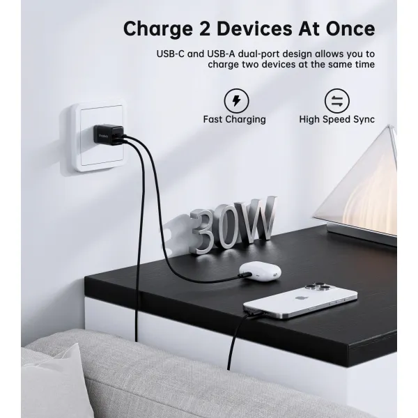 Устройство зарядное сетевое PD30W GAN NexGen, 2 порта - USB A и Type-C черное Choetech (PD5012-BK) - Фото 1