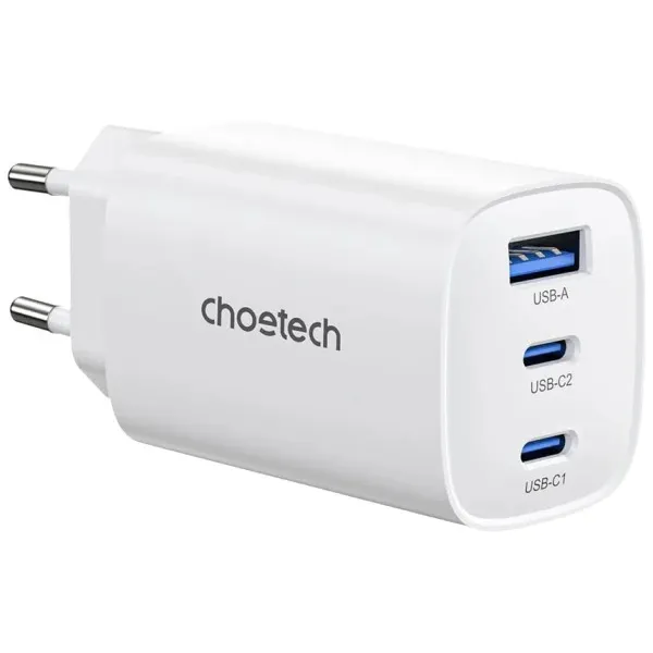 Устройство зарядное сетевое PD65W GaN,  3 порта - 2хType-C и 1хUSB A белое Choetech (PD9006-EU-WH)