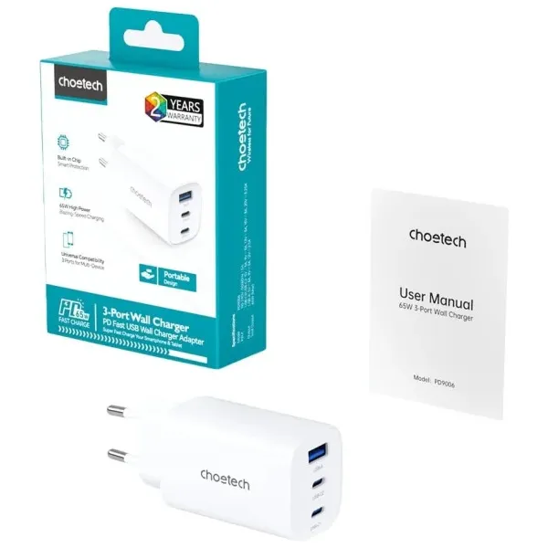 Устройство зарядное сетевое PD65W GaN,  3 порта - 2хType-C и 1хUSB A белое Choetech (PD9006-EU-WH) - Фото 1