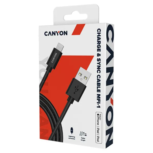 Кабель USB MFI-1 Lightning 12W 1м черный Canyon (CNS-MFICAB01B) - Фото 2