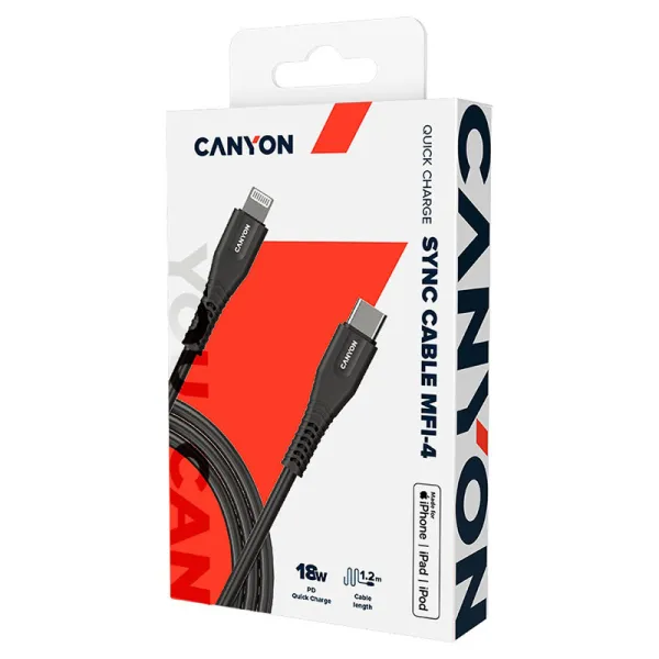 Кабель USB Type-C MFI-4 to Lightning 1.2м чорний Canyon (CNS-MFIC4B) - Фото 3