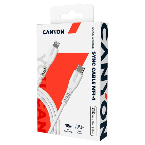 Кабель USB Type-C MFI-4 to Lightning 1.2м белый Canyon (CNS-MFIC4W) - Фото 1