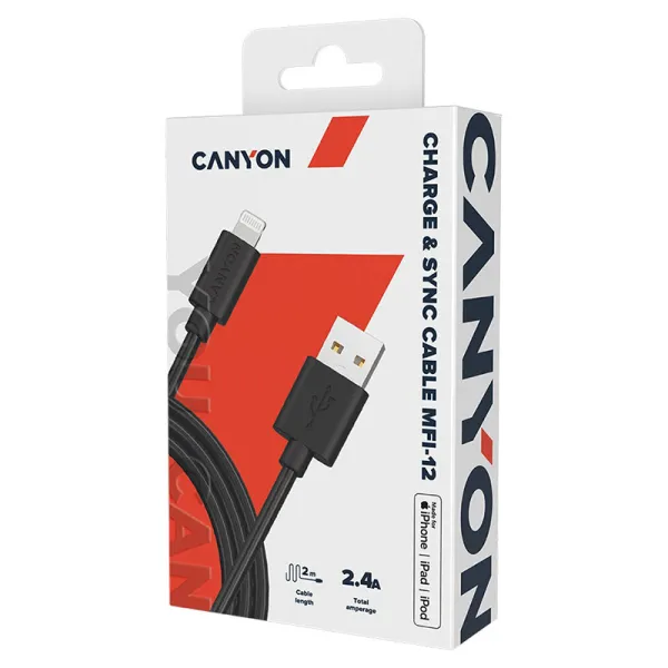 Кабель USB MFI-12 to Lightning 2м черный Canyon (CNS-MFIC12B) - Фото 1