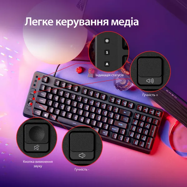 Клавіатура USB-A мембранна RGB, Alloy Origins EVE 1800, Red, EN/UA, чорна HyperX (B7JE0AA) - Фото 10