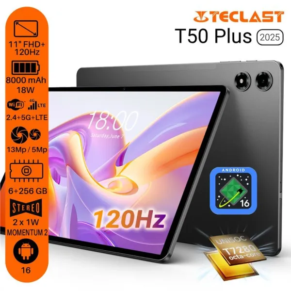 Планшет T50 Plus 11" 6ГБ, 256ГБ, LTE, 8000мА•ч, Android, серый Teclast (6940709688403) - Фото 1