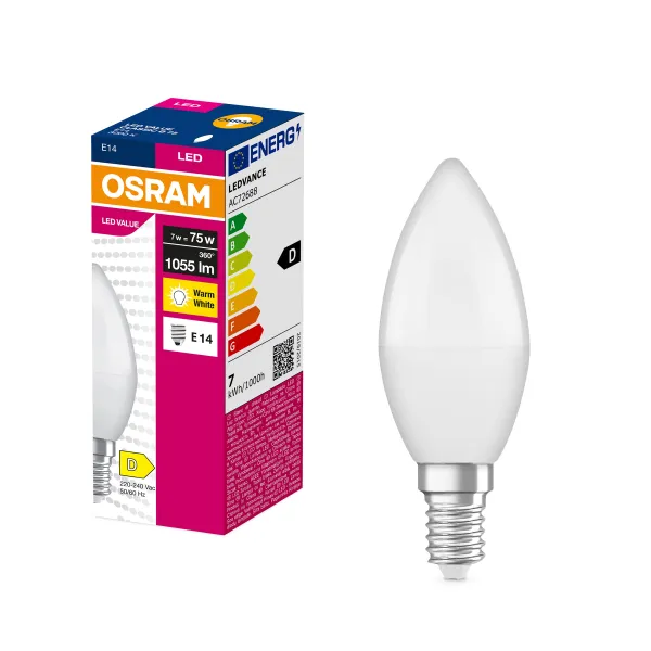Лампа LED 7 Вт, E14, 3000К, 1055Лм, В75, Value Osram (4099854545528) - Фото 2