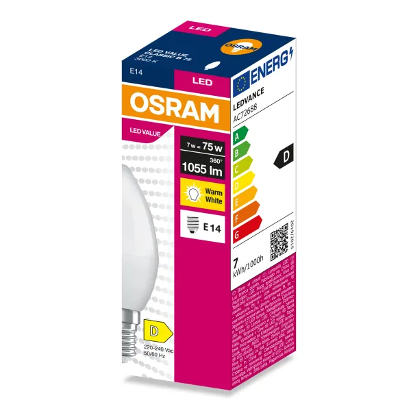 Лампа LED 7 Вт, E14, 3000К, 1055Лм, В75, Value Osram (4099854545528) - Фото 3