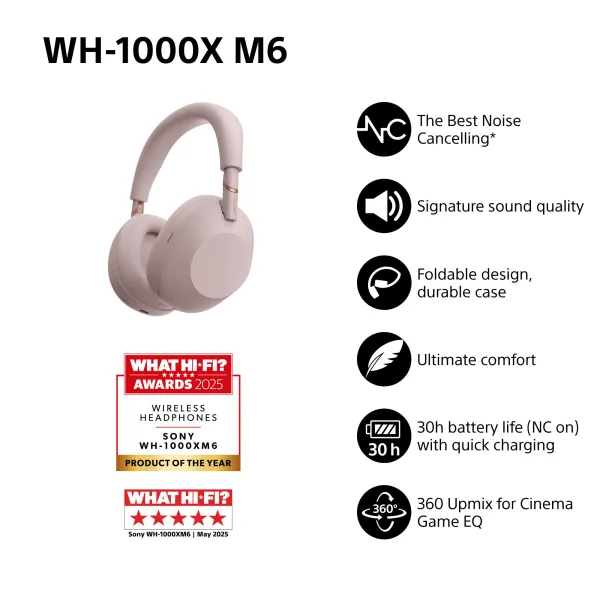 Наушники беспроводные BT 5.3, ANC, Hi-Res, AAC, LDAC, LC3, Mic, розовые Sony (WH1000XM6P.E) - Фото 18