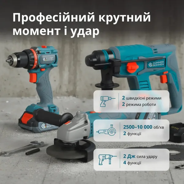 Набор шуруповерт, шлифмашина угловая, перфоратор 20В Konner&Sohnen (KSRHAGD20VSET3PLUS) - Фото 3