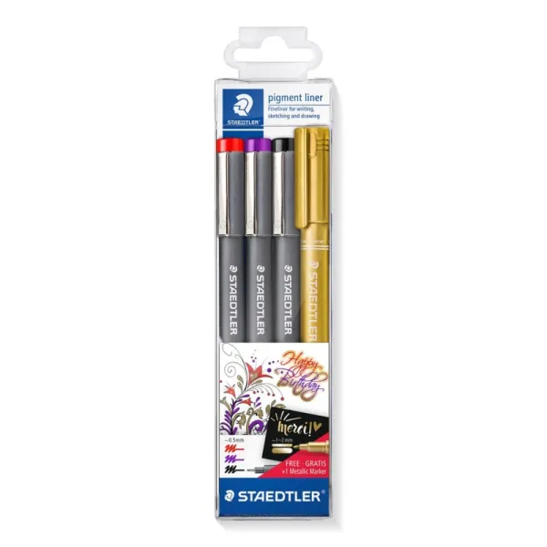 Набор пигментных лайнеров, 3 шт. + 1 золотой маркер Staedtler (ST.308 SWP3P)
