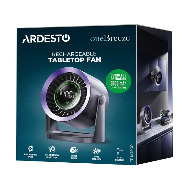 Вентилятор акумуляторний OneBreeze 12см, USB-A, Type-C, сірий ARDESTO (FT-M75GR) - Фото 11