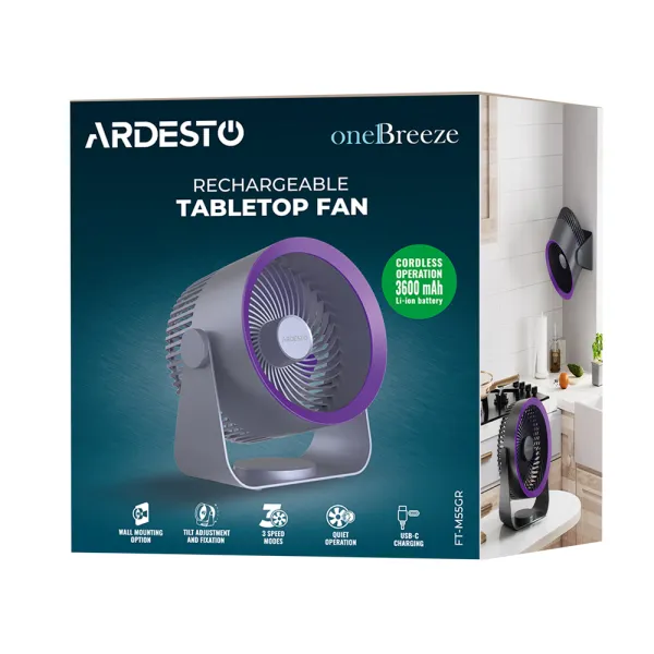 Вентилятор аккумуляторный OneBreeze 14см, USB-A Type-C, серый ARDESTO (FT-M55GR) - Фото 11