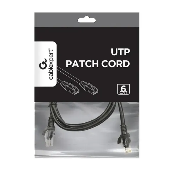 Патч-корд UTP, кат. 6, литий, 50u" штекер із фіксатором, 1 м, чорний Cablexpert (PP6U-1M/BK) - Фото 1